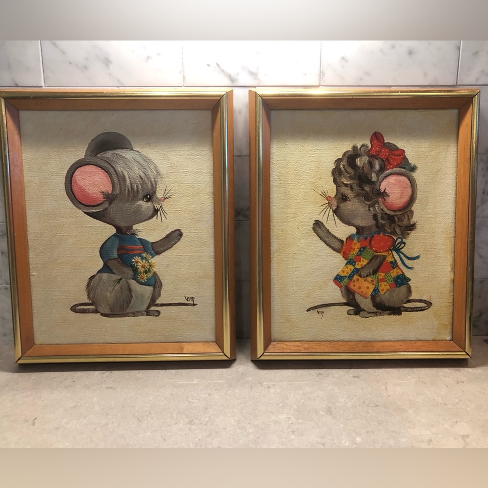 Pair of Groovy Hand Painted Canvases, Mouse Motif, 70’s, Kitschy, Boho